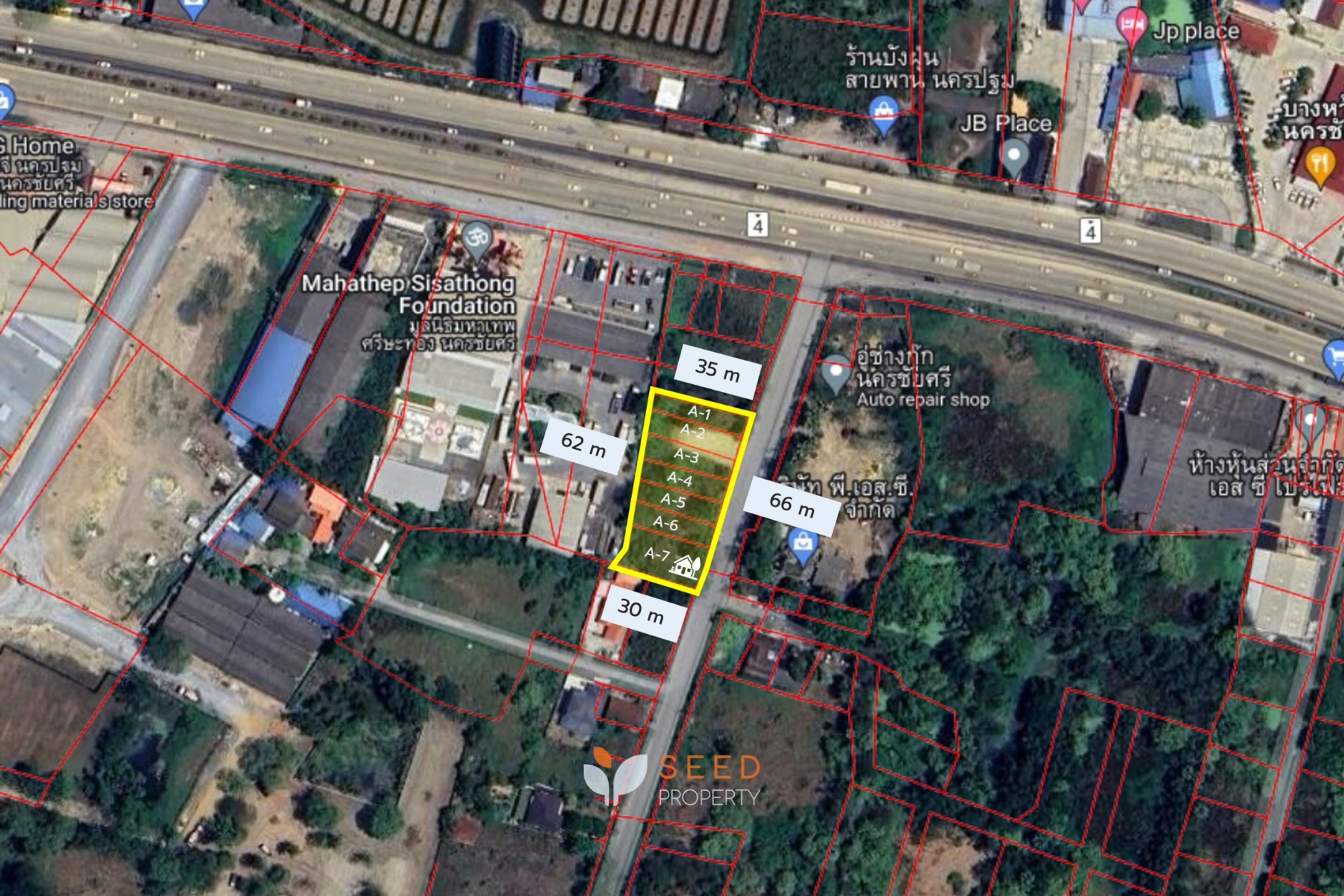 ภาพถ่ายดาวเทียมแสดงผังที่ดินกลุ่ม A แบ่ง 7 แปลง A-1 ถึง A-7 ติดถนน พร้อมขนาดบนภาพ