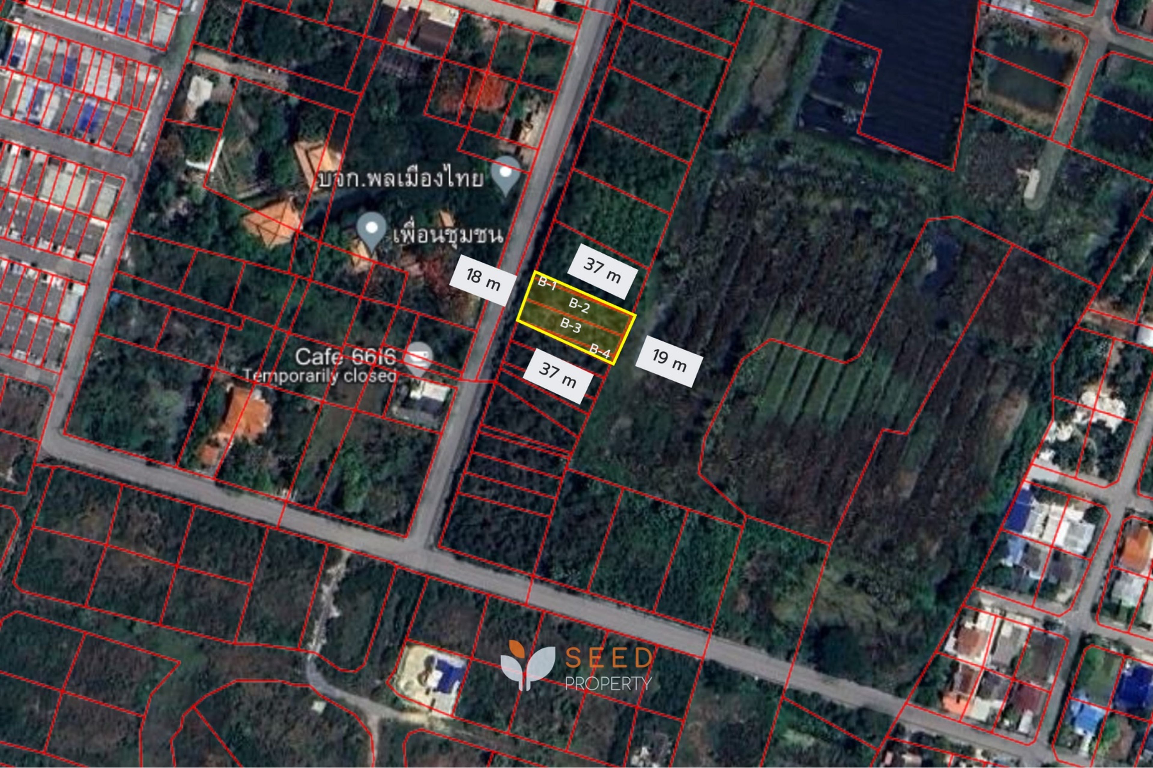 ภาพถ่ายดาวเทียมแสดงผังที่ดินกลุ่ม B แบ่ง 4 แปลง B-1 ถึง B-4 ติดถนน พร้อมขนาดบนภาพ